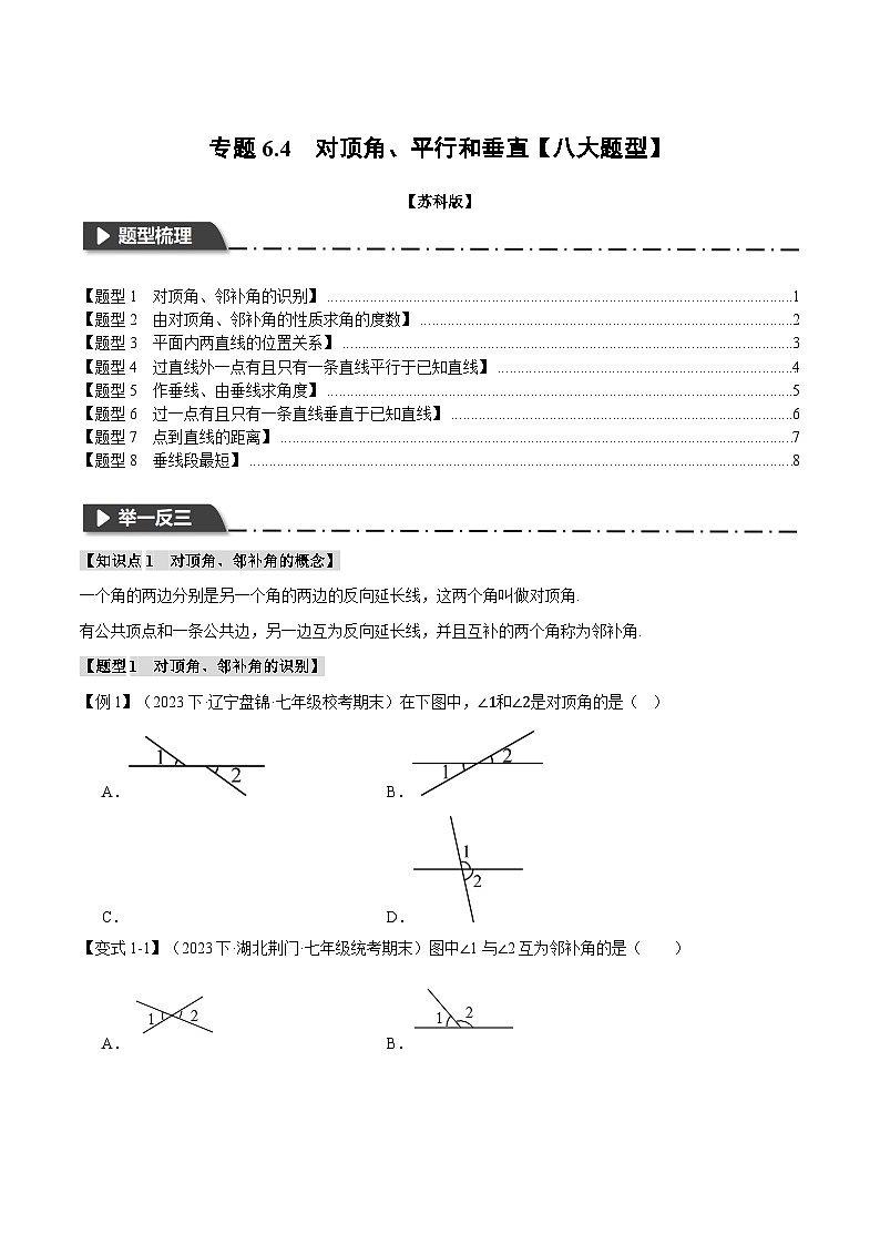 苏科版八年级数学上册专题6.4对顶角、平行和垂直【八大题型】同步练习(学生版+解析)第1页