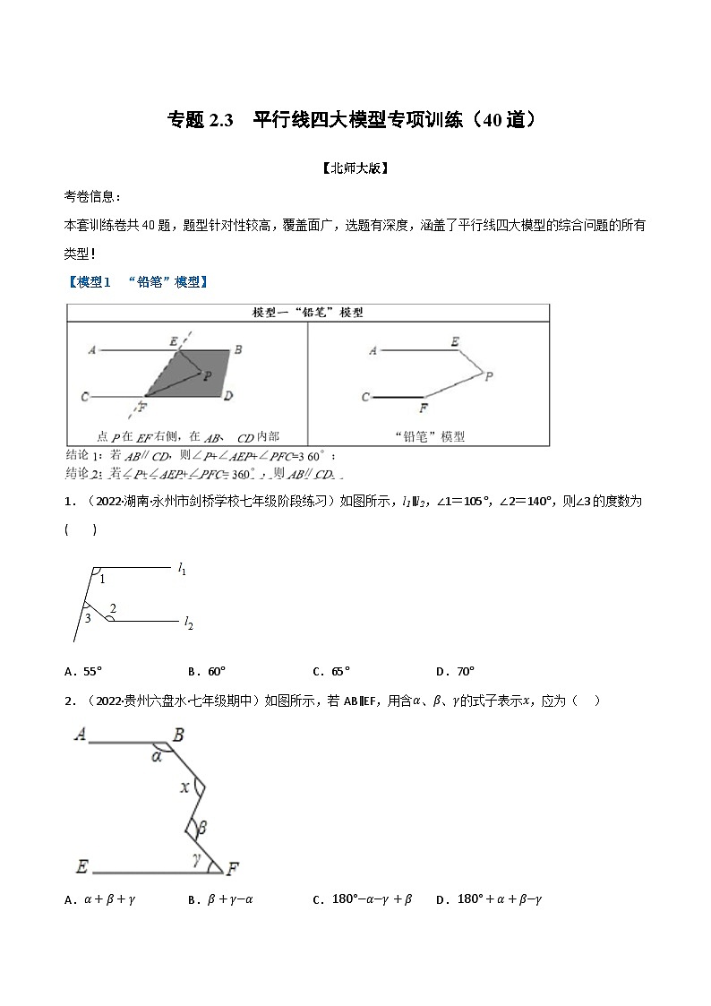 北师大版七年级数学下册举一反三系列2.3平行线四大模型专项训练(40道)同步学案(学生版+解析)第1页