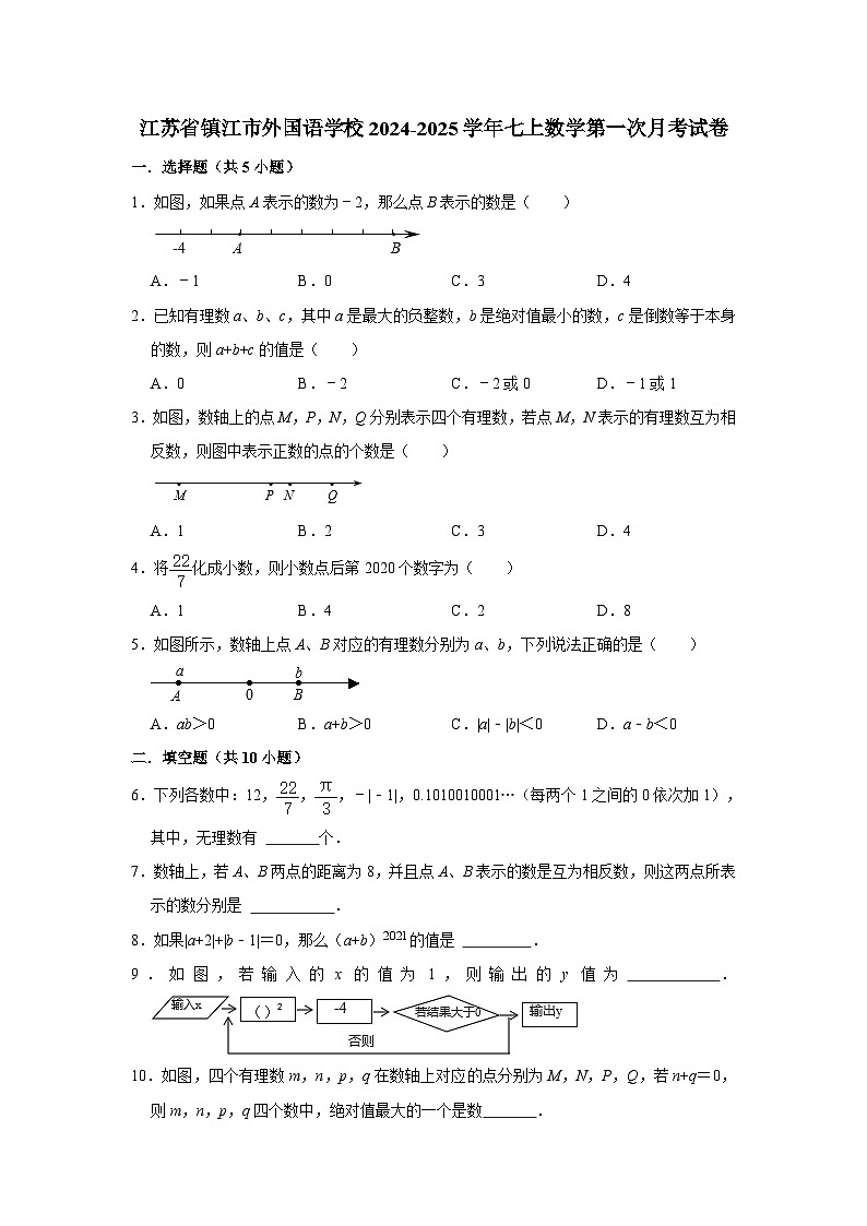 江苏省镇江市外国语学校2024-2025学年七年级上学期第一次月考数学试卷第1页