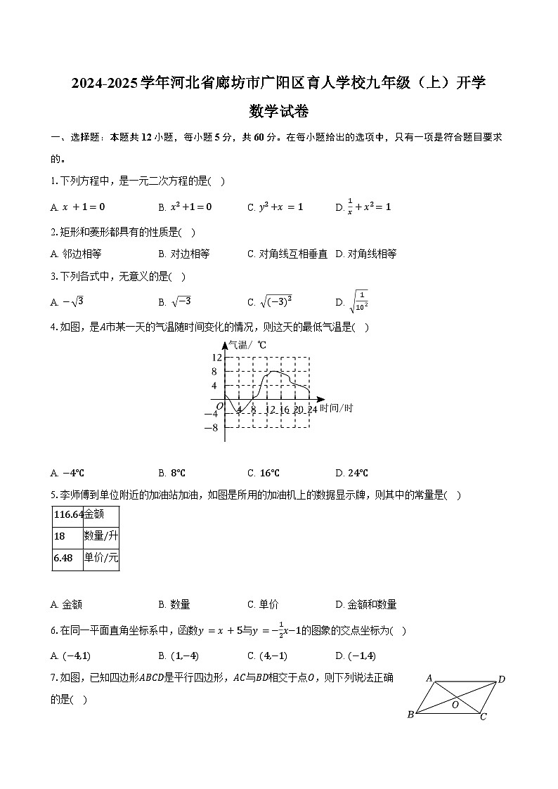 2024-2025学年河北省廊坊市广阳区育人学校九年级(上)开学数学试卷(含解析)第1页
