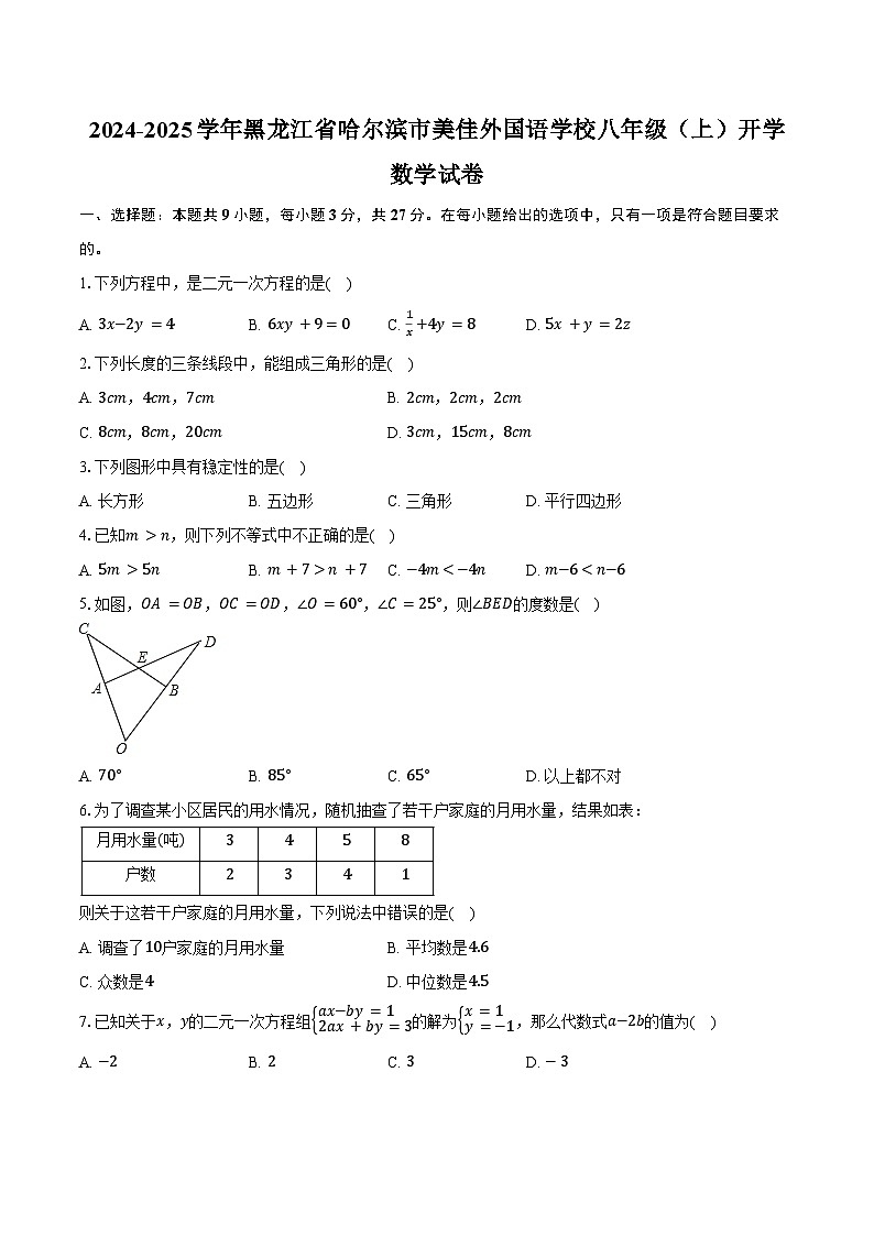 2024-2025学年黑龙江省哈尔滨市美佳外国语学校八年级(上)开学数学试卷(五四学制)(含解析)第1页