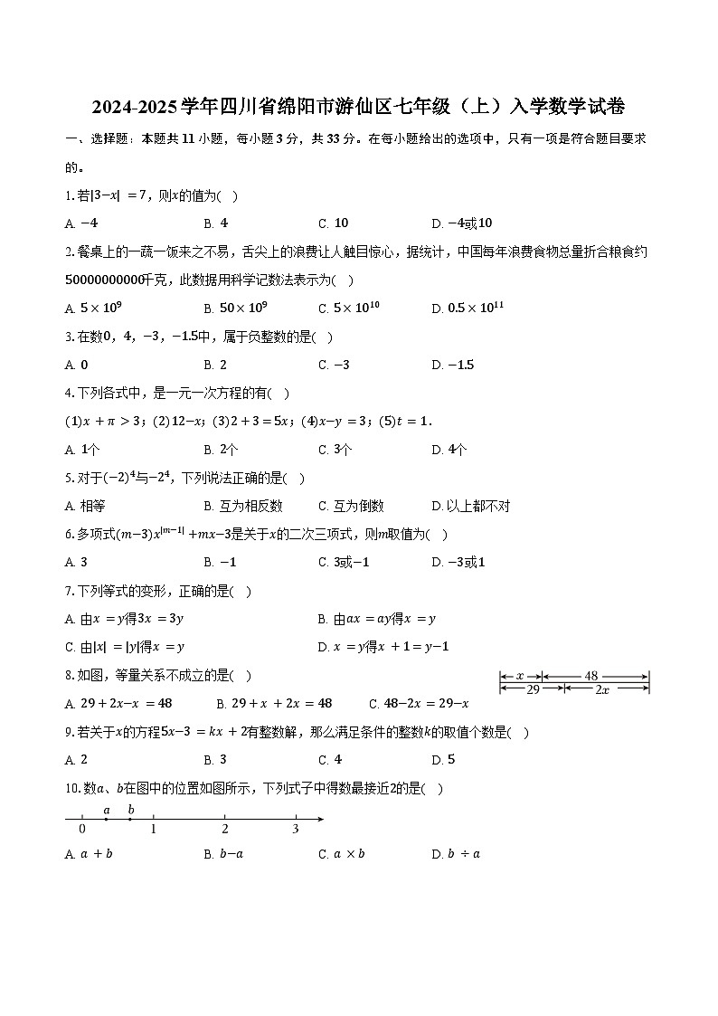 2024-2025学年四川省绵阳市游仙区七年级(上)入学数学试卷(含解析)第1页