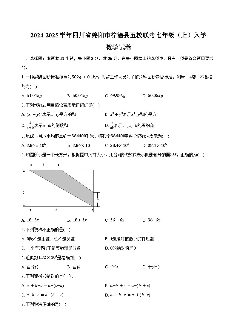 2024-2025学年四川省绵阳市梓潼县五校联考七年级(上)入学数学试卷(含答案)第1页