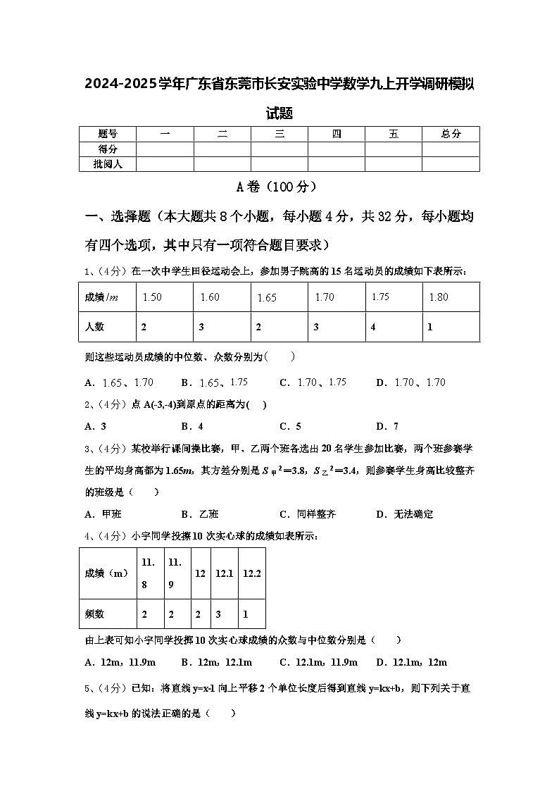 2024-2025学年广东省东莞市长安实验中学数学九上开学调研模拟试题【含答案】第1页