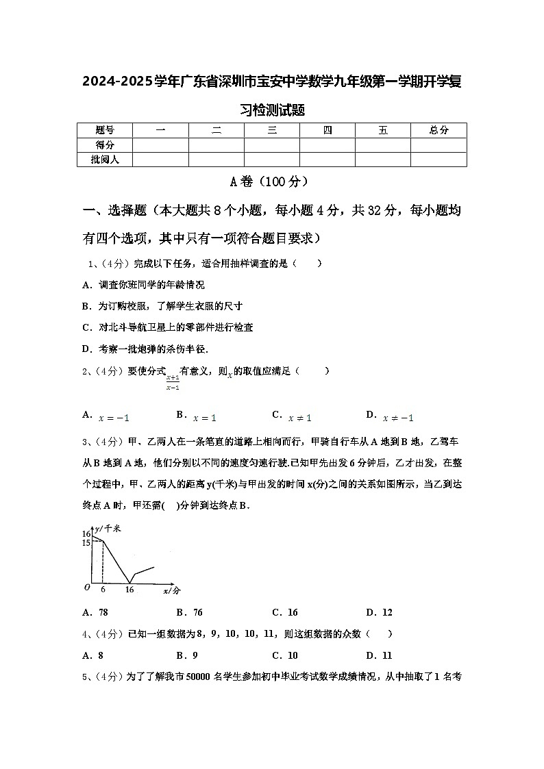 2024-2025学年广东省深圳市宝安中学数学九年级第一学期开学复习检测试题【含答案】第1页