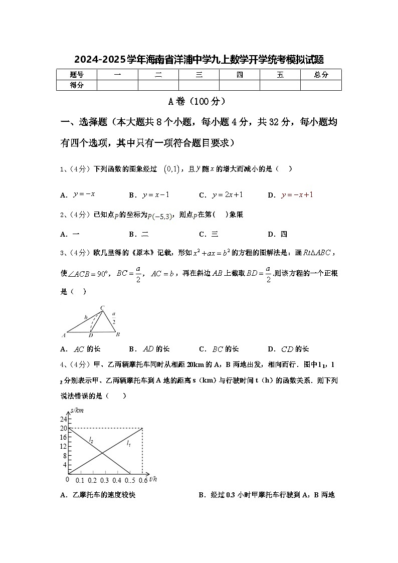 2024-2025学年海南省洋浦中学九上数学开学统考模拟试题【含答案】第1页