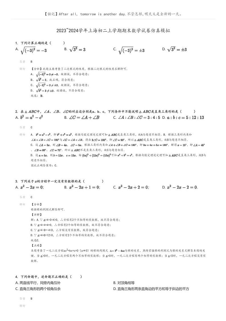 2023_2024学年上海初二上学期期末数学试卷仿真模拟解析版第1页