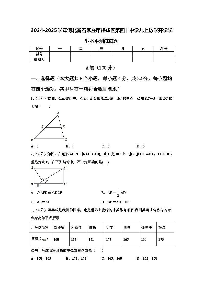 2024-2025学年河北省石家庄市裕华区第四十中学九上数学开学学业水平测试试题【含答案】第1页