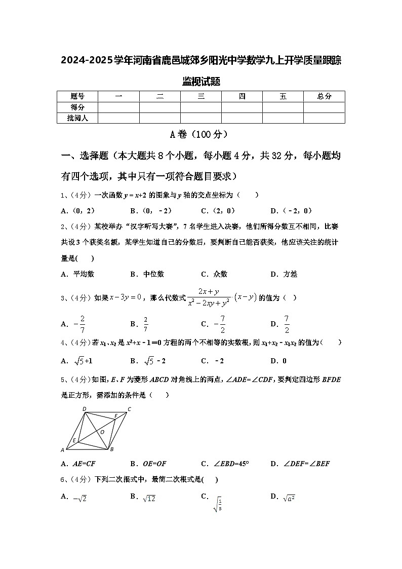 2024-2025学年河南省鹿邑城郊乡阳光中学数学九上开学质量跟踪监视试题【含答案】第1页