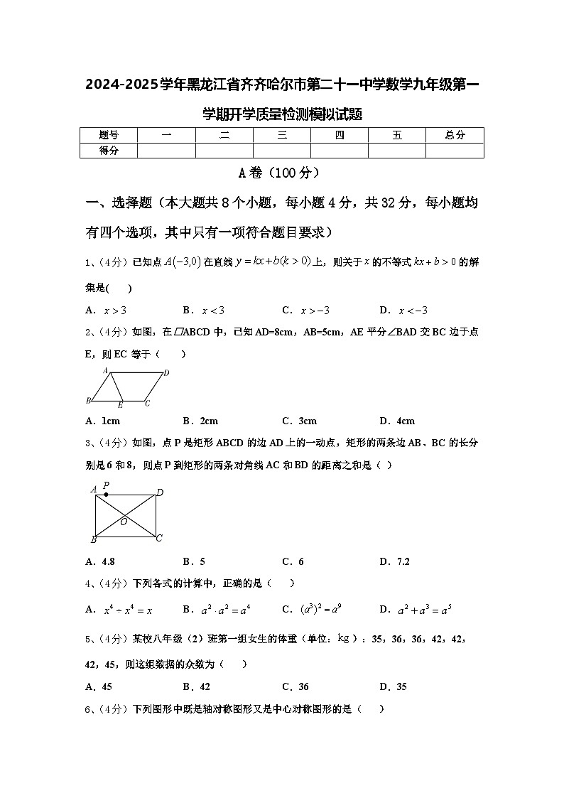 2024-2025学年黑龙江省齐齐哈尔市第二十一中学数学九年级第一学期开学质量检测模拟试题【含答案】第1页