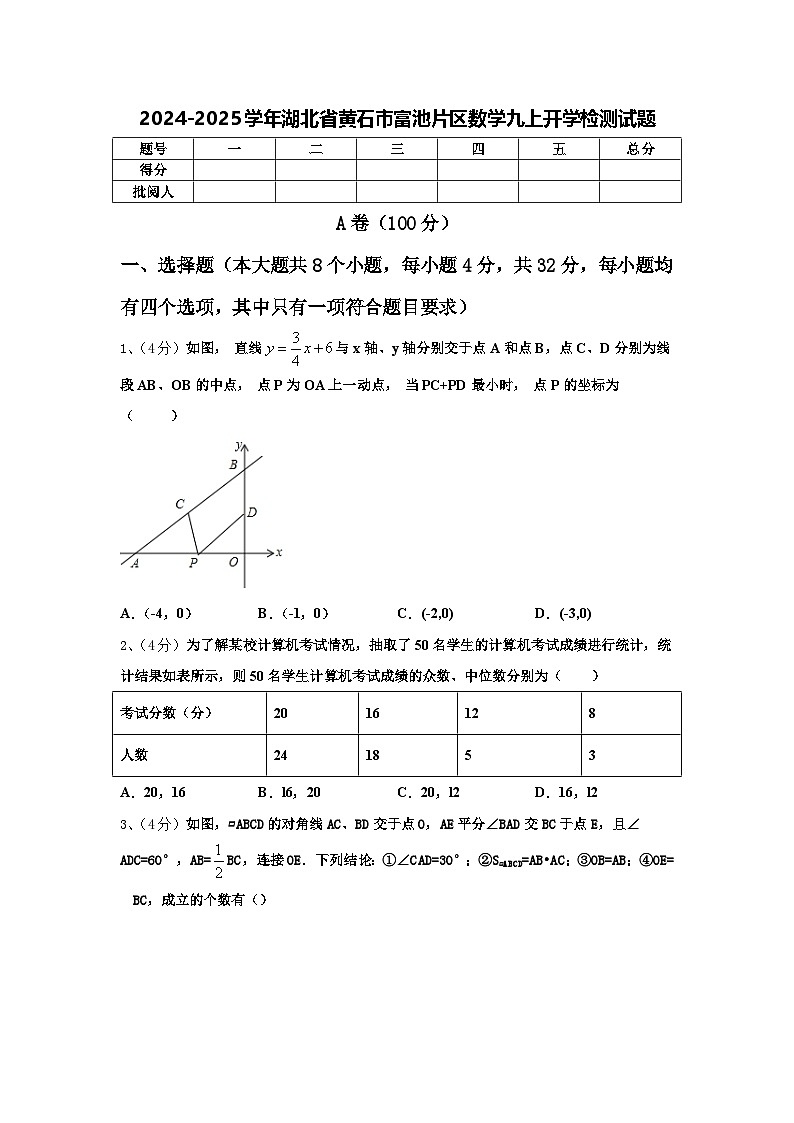 2024-2025学年湖北省黄石市富池片区数学九上开学检测试题【含答案】01