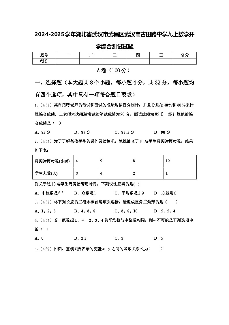 2024-2025学年湖北省武汉市武昌区武汉市古田路中学九上数学开学综合测试试题【含答案】01