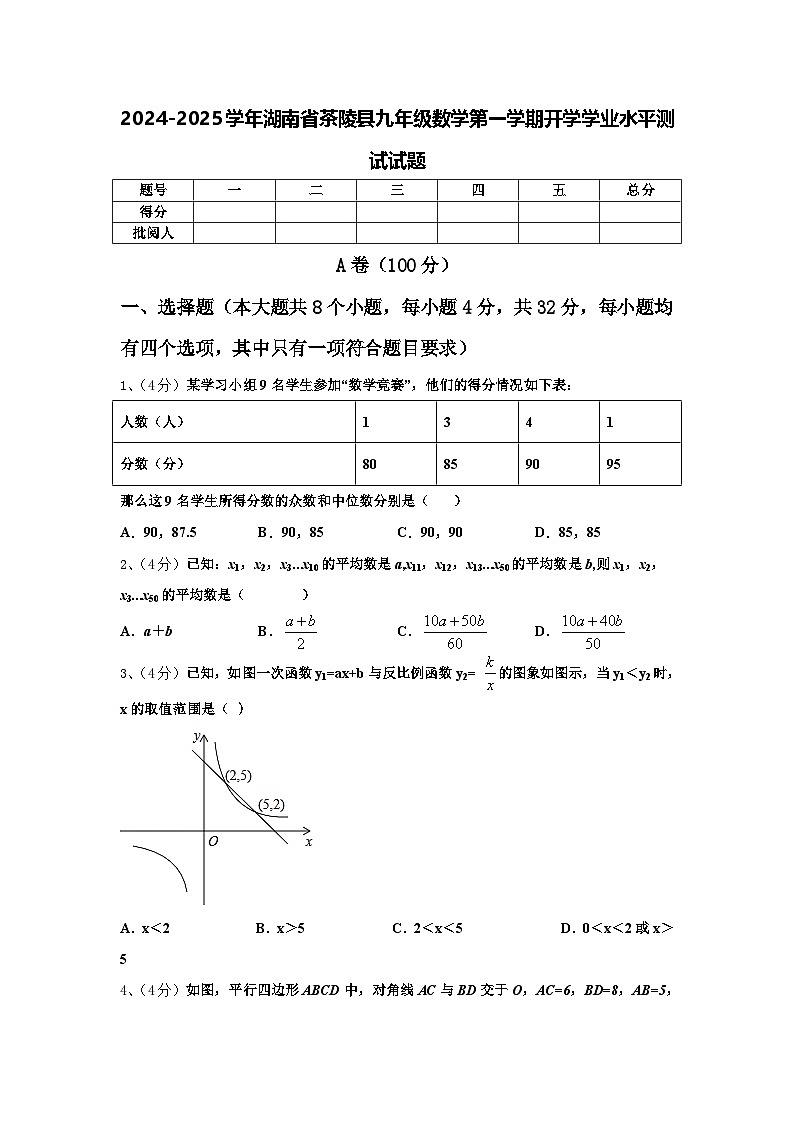 2024-2025学年湖南省茶陵县九年级数学第一学期开学学业水平测试试题【含答案】第1页