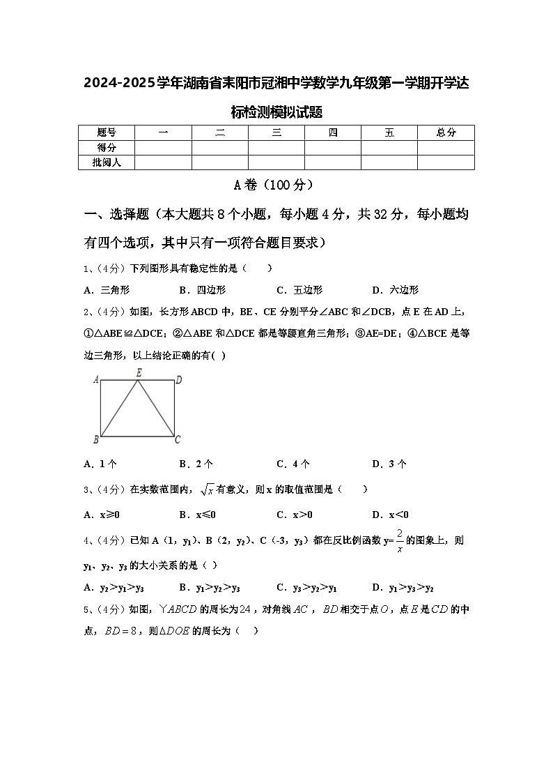 2024-2025学年湖南省耒阳市冠湘中学数学九年级第一学期开学达标检测模拟试题【含答案】第1页