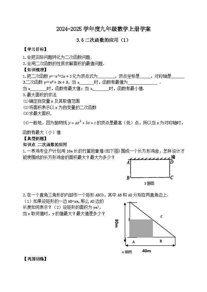 泰安市泰山区东岳中学2024-2025年九年级第一学期上册数学3.6二次函数的应用(1)学案和答案01