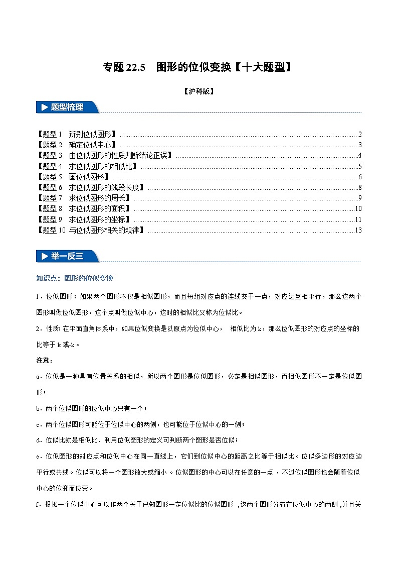 沪科版2024-2025学年九年级数学上册精品题型特训专题22.5图形的位似变换【十大题型】(学生版+解析)第1页