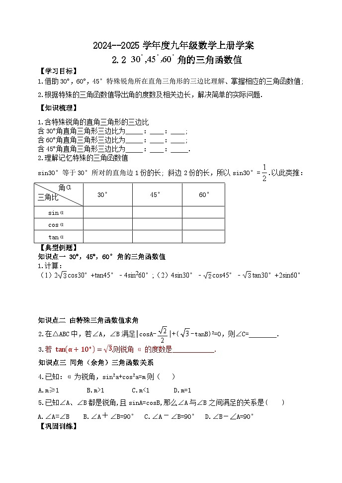 泰安市泰山区东岳中学2024-2025年九年级第一学期上册数学2.2特殊角的三角函数值学案和答案第1页