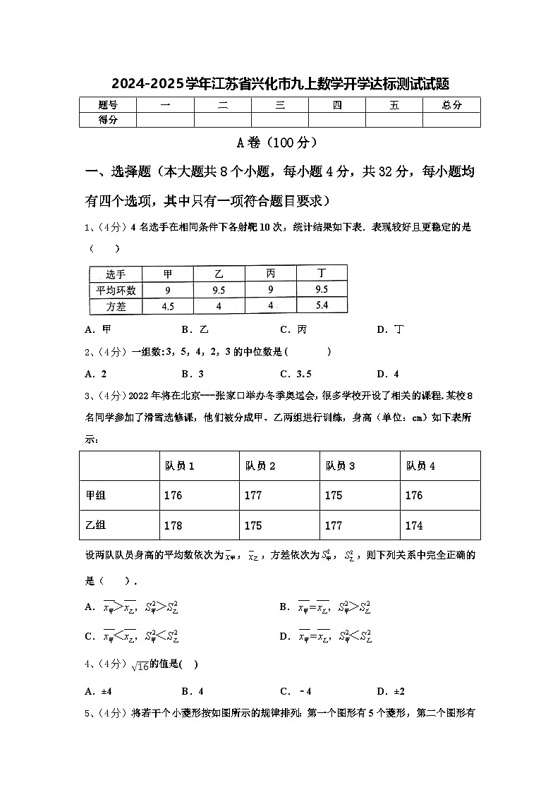 2024-2025学年江苏省兴化市九上数学开学达标测试试题【含答案】第1页