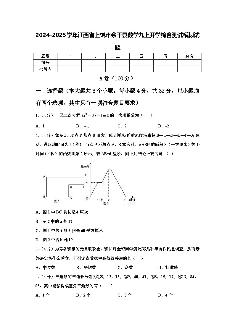 2024-2025学年江西省上饶市余干县数学九上开学综合测试模拟试题【含答案】第1页