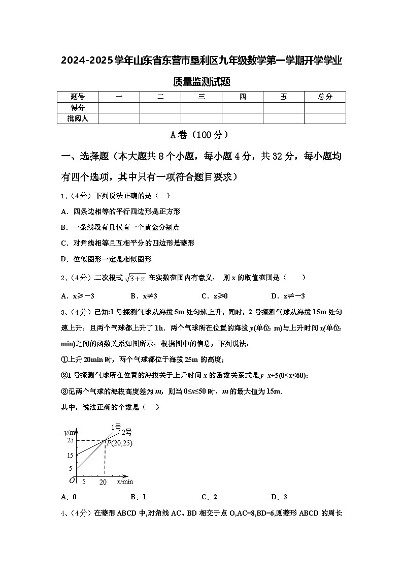 2024-2025学年山东省东营市垦利区九年级数学第一学期开学学业质量监测试题【含答案】第1页