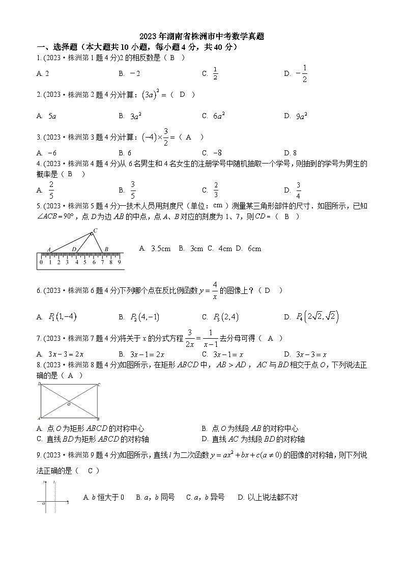2023年 湖南省 株洲市 数学 中考真题 解析版01