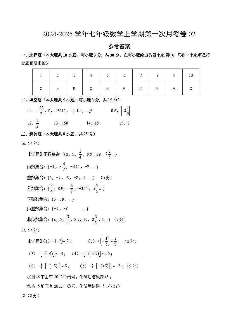 人教版2024初中数学七年级上册第一次月考卷02(第一章~第二章)- 含答案解析01