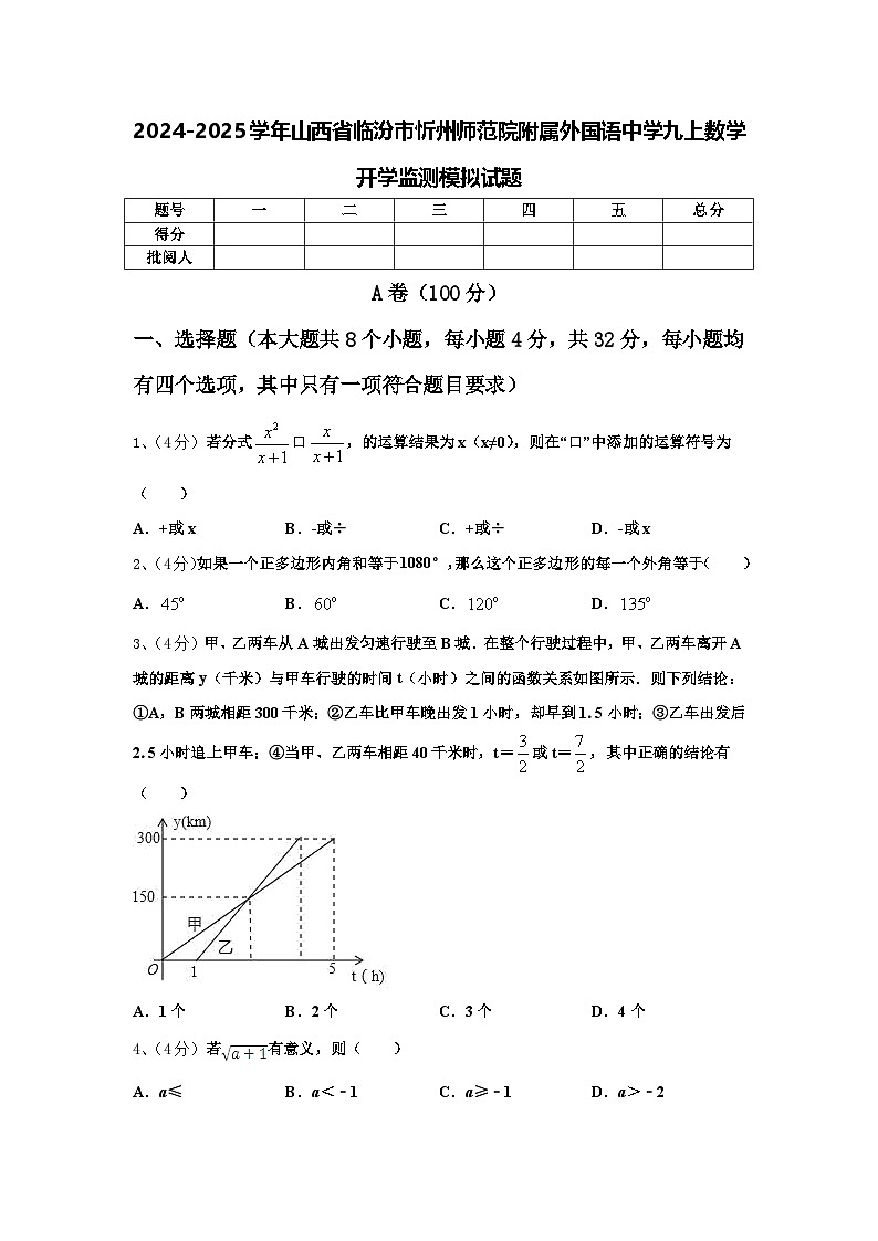 2024-2025学年山西省临汾市忻州师范院附属外国语中学九上数学开学监测模拟试题【含答案】第1页
