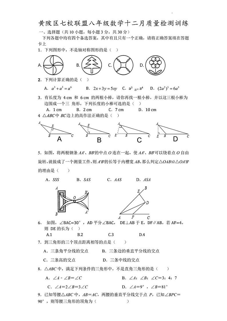 2023-2024学年湖北省武汉市黄陂区部分学校八年级(上)月考数学试卷(12月份)01
