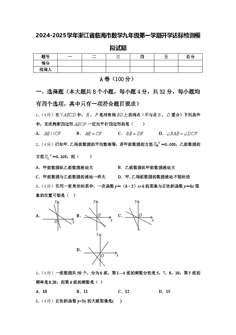 2024-2025学年浙江省临海市数学九年级第一学期开学达标检测模拟试题【含答案】第1页