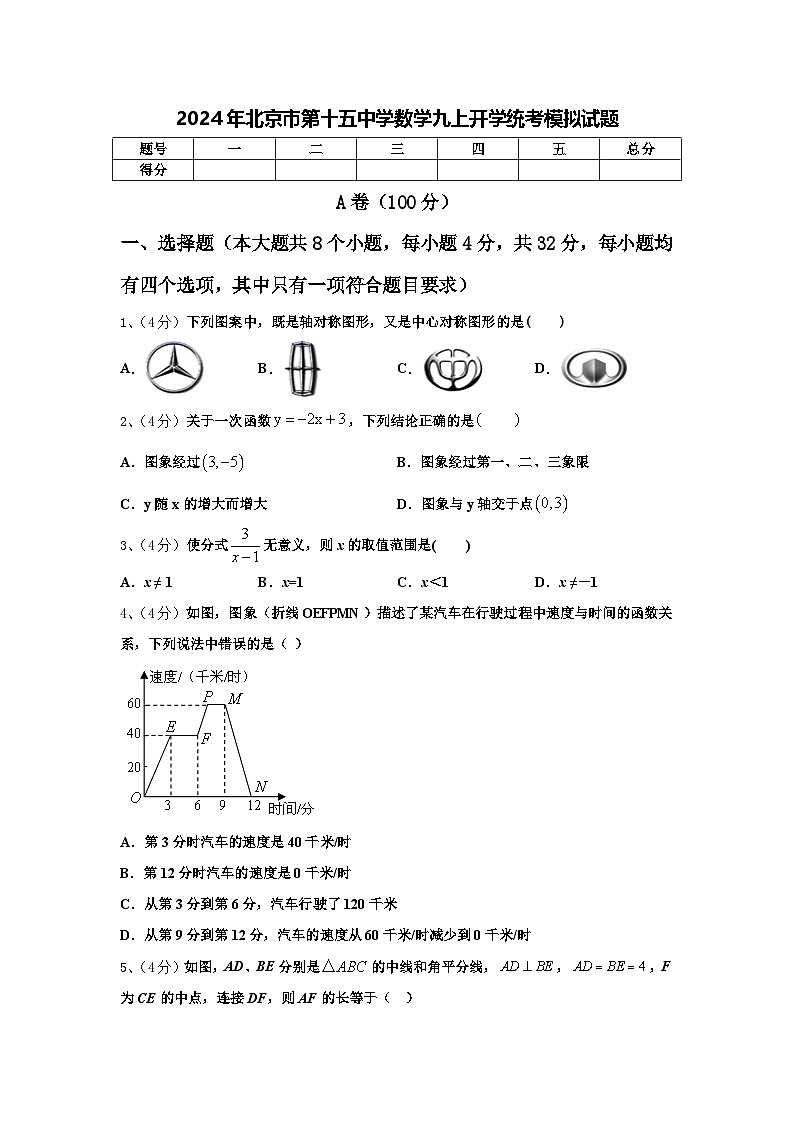 2024年北京市第十五中学数学九上开学统考模拟试题【含答案】第1页