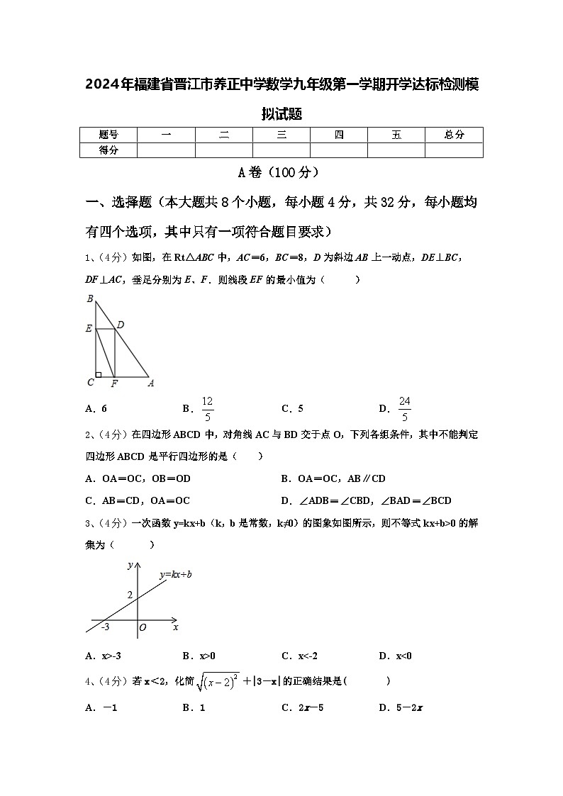 2024年福建省晋江市养正中学数学九年级第一学期开学达标检测模拟试题【含答案】01