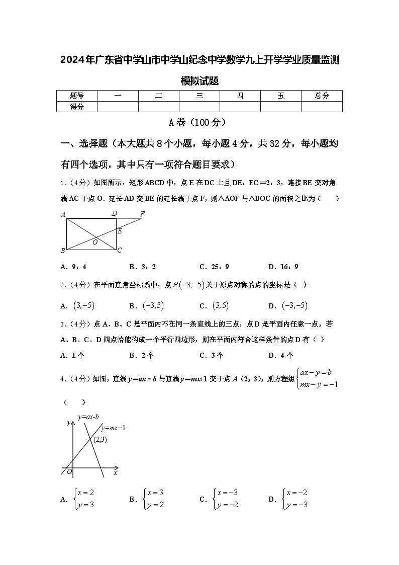 2024年广东省中学山市中学山纪念中学数学九上开学学业质量监测模拟试题【含答案】第1页