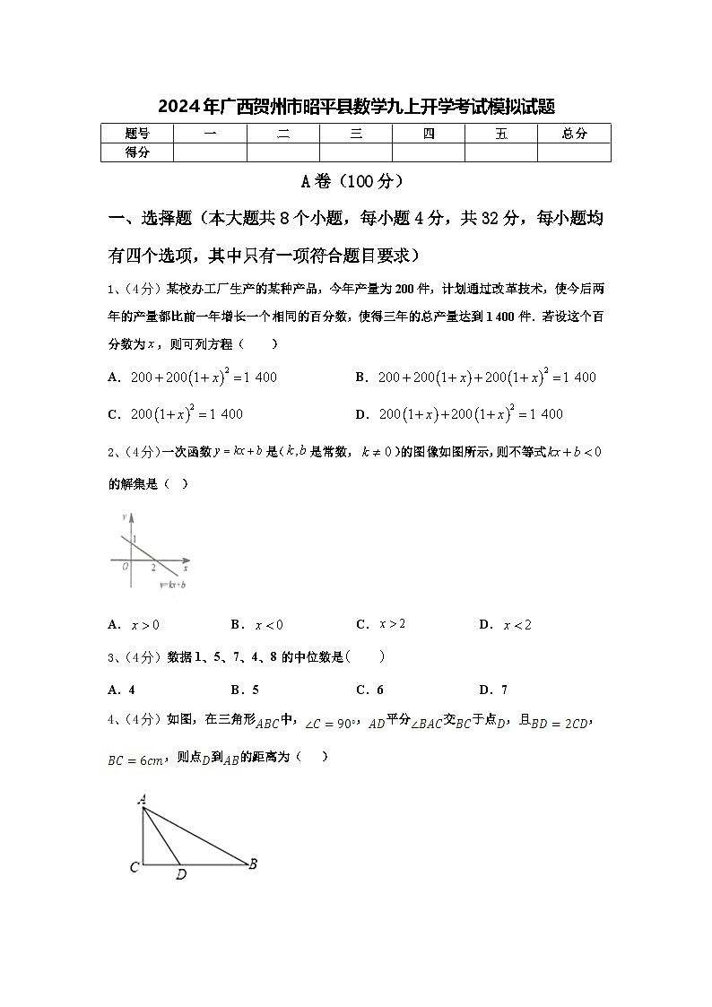 2024年广西贺州市昭平县数学九上开学考试模拟试题【含答案】第1页
