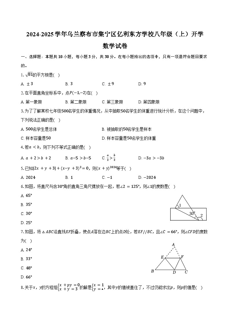 2024-2025学年内蒙古乌兰察布市集宁区亿利东方学校八年级(上)开学数学试卷(含答案)第1页