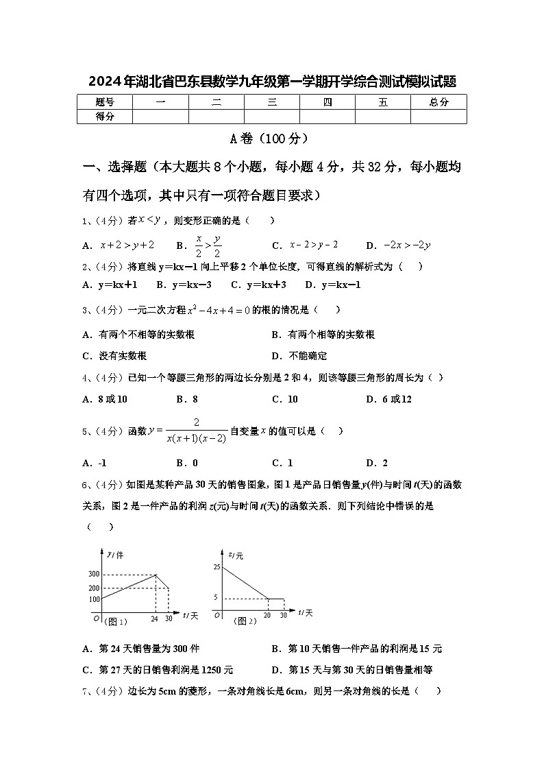 2024年湖北省巴东县数学九年级第一学期开学综合测试模拟试题【含答案】第1页
