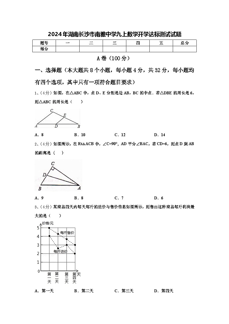 2024年湖南长沙市南雅中学九上数学开学达标测试试题【含答案】第1页