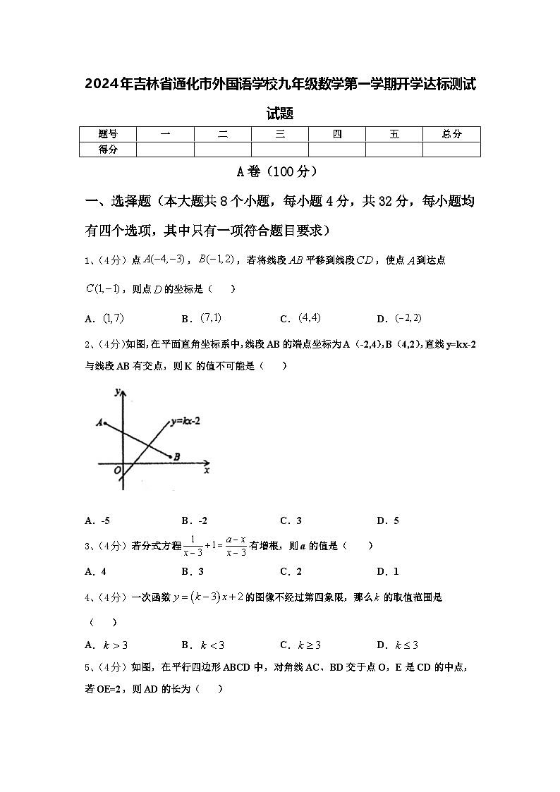 2024年吉林省通化市外国语学校九年级数学第一学期开学达标测试试题【含答案】第1页