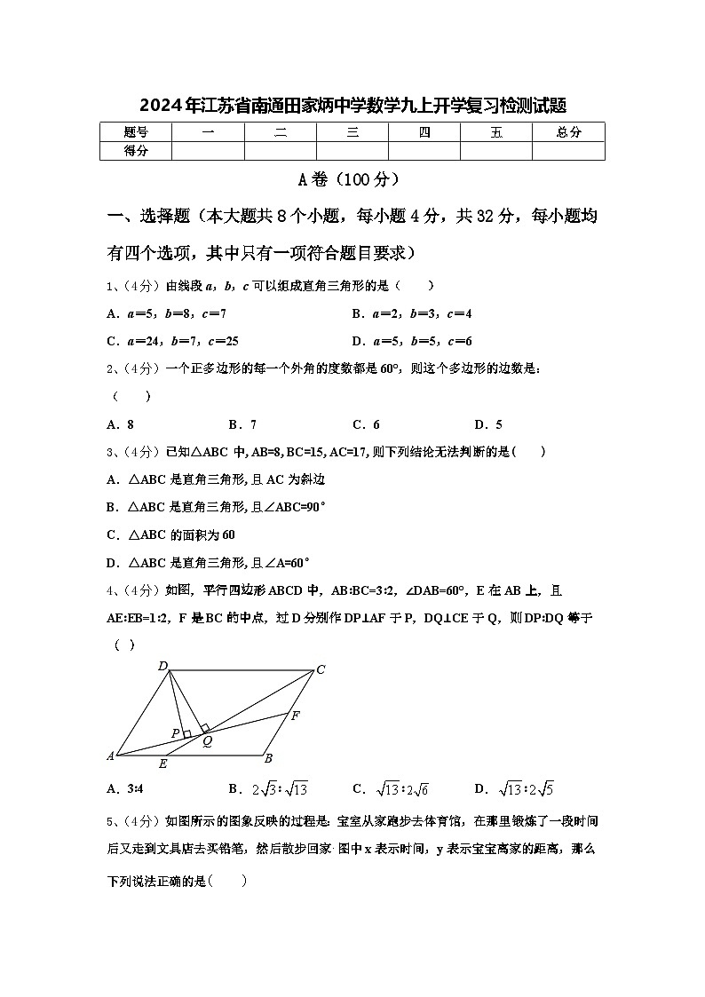 2024年江苏省南通田家炳中学数学九上开学复习检测试题【含答案】第1页