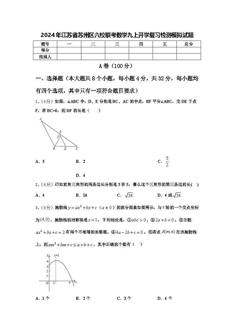2024年江苏省苏州区六校联考数学九上开学复习检测模拟试题【含答案】第1页