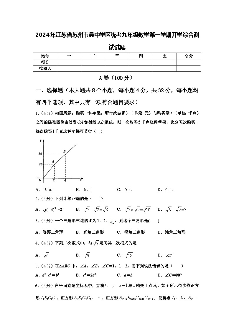 2024年江苏省苏州市吴中学区统考九年级数学第一学期开学综合测试试题【含答案】第1页