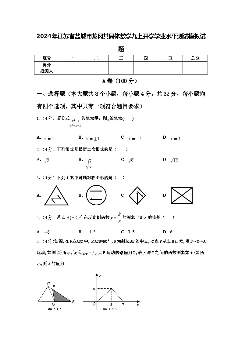2024年江苏省盐城市龙冈共同体数学九上开学学业水平测试模拟试题【含答案】第1页