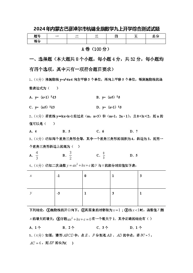 2024年内蒙古巴彦淖尔市杭锦全旗数学九上开学综合测试试题【含答案】第1页