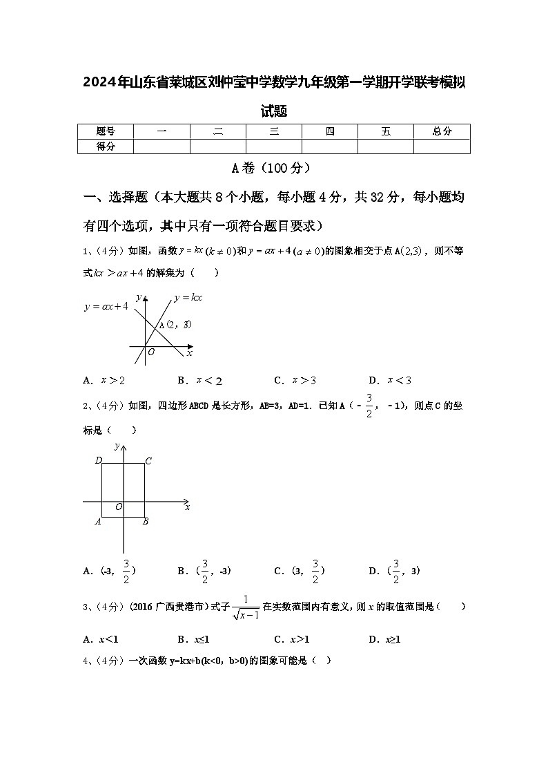 2024年山东省莱城区刘仲莹中学数学九年级第一学期开学联考模拟试题【含答案】第1页