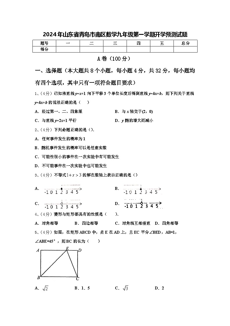 2024年山东省青岛市南区数学九年级第一学期开学预测试题【含答案】第1页