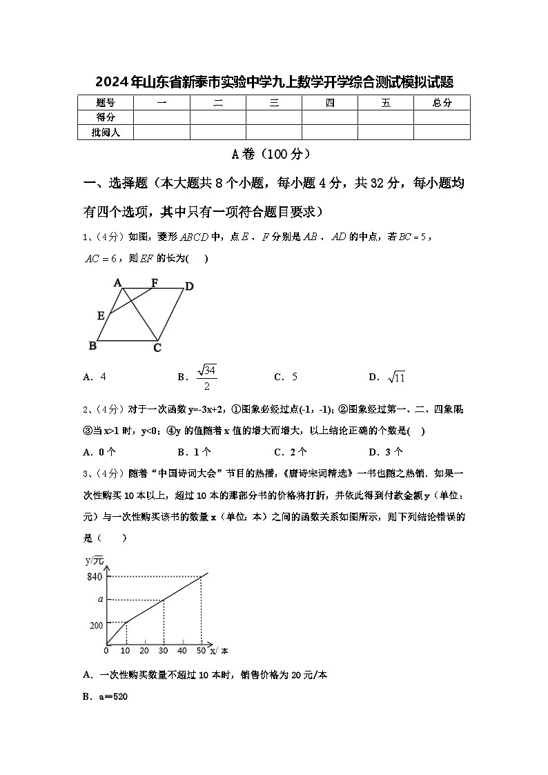 2024年山东省新泰市实验中学九上数学开学综合测试模拟试题【含答案】第1页