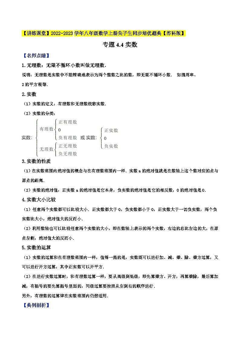 苏科版八年级数学上册尖子生同步培优题典专题4.4实数特训(原卷版+解析)第1页