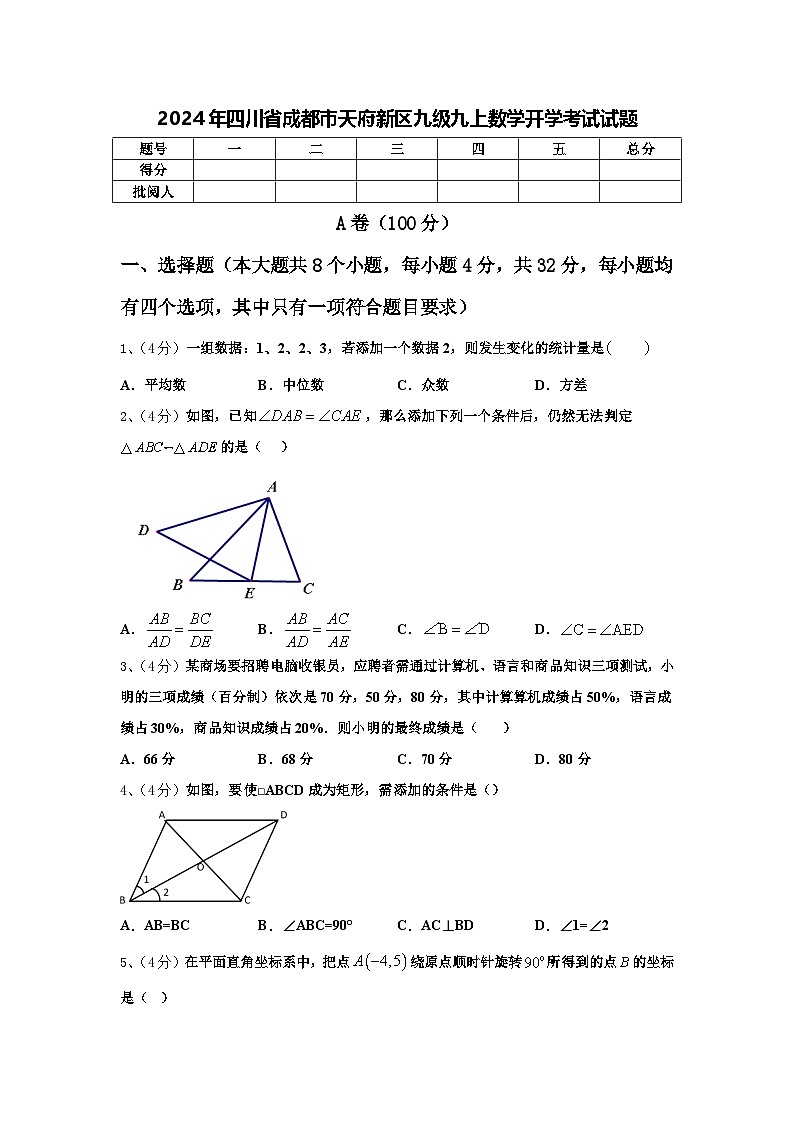 2024年四川省成都市天府新区九级九上数学开学考试试题【含答案】第1页