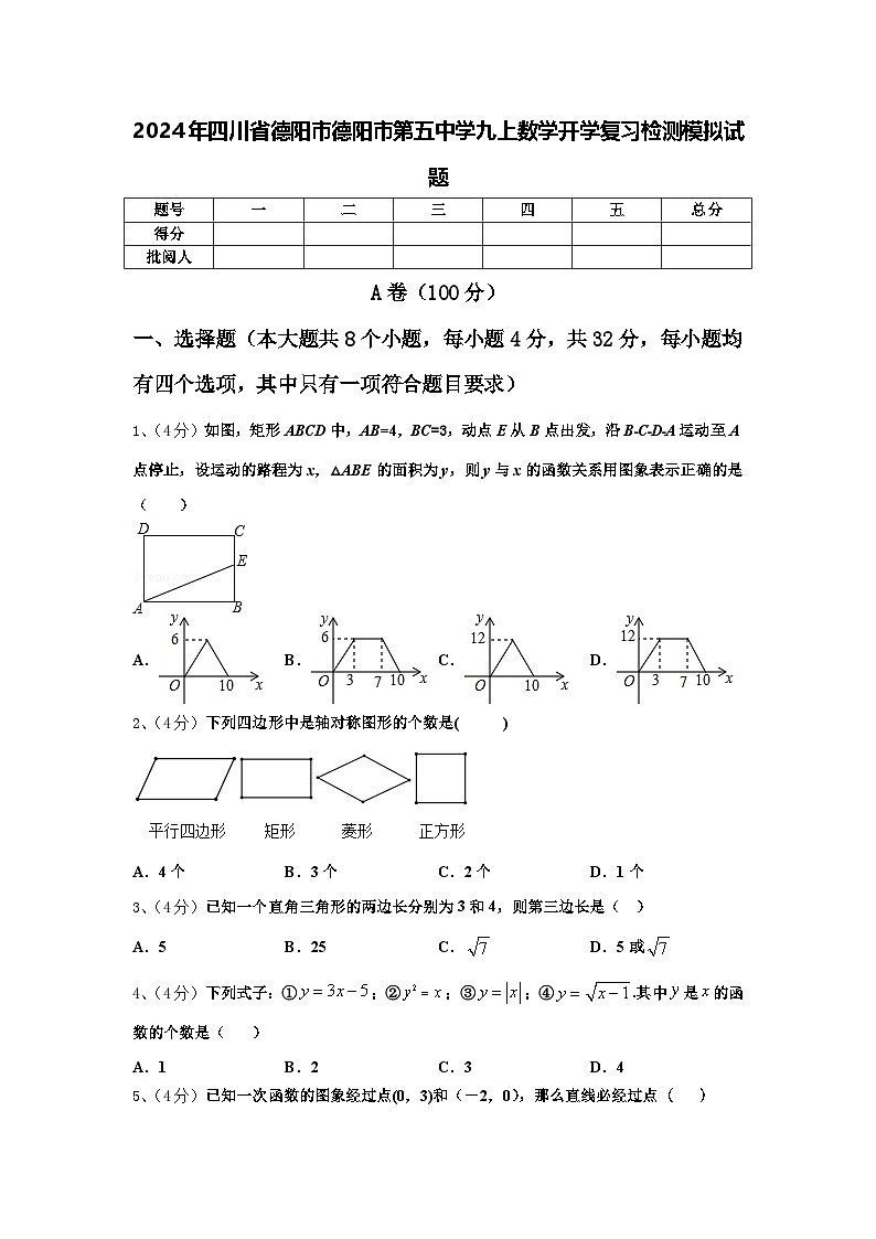 2024年四川省德阳市德阳市第五中学九上数学开学复习检测模拟试题【含答案】第1页