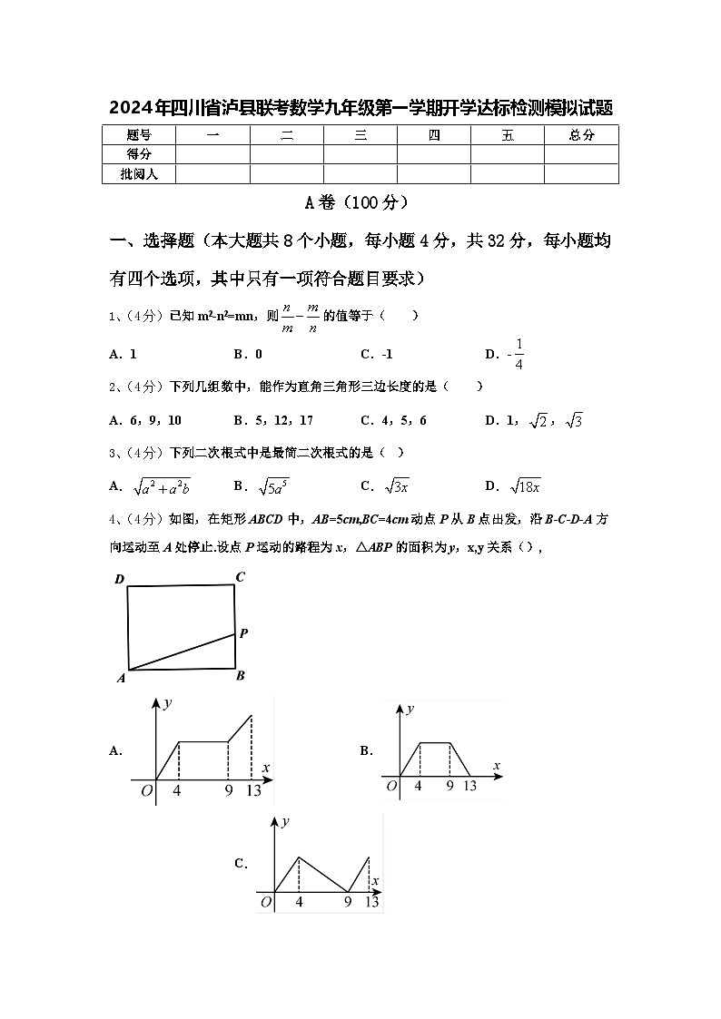 2024年四川省泸县联考数学九年级第一学期开学达标检测模拟试题【含答案】第1页