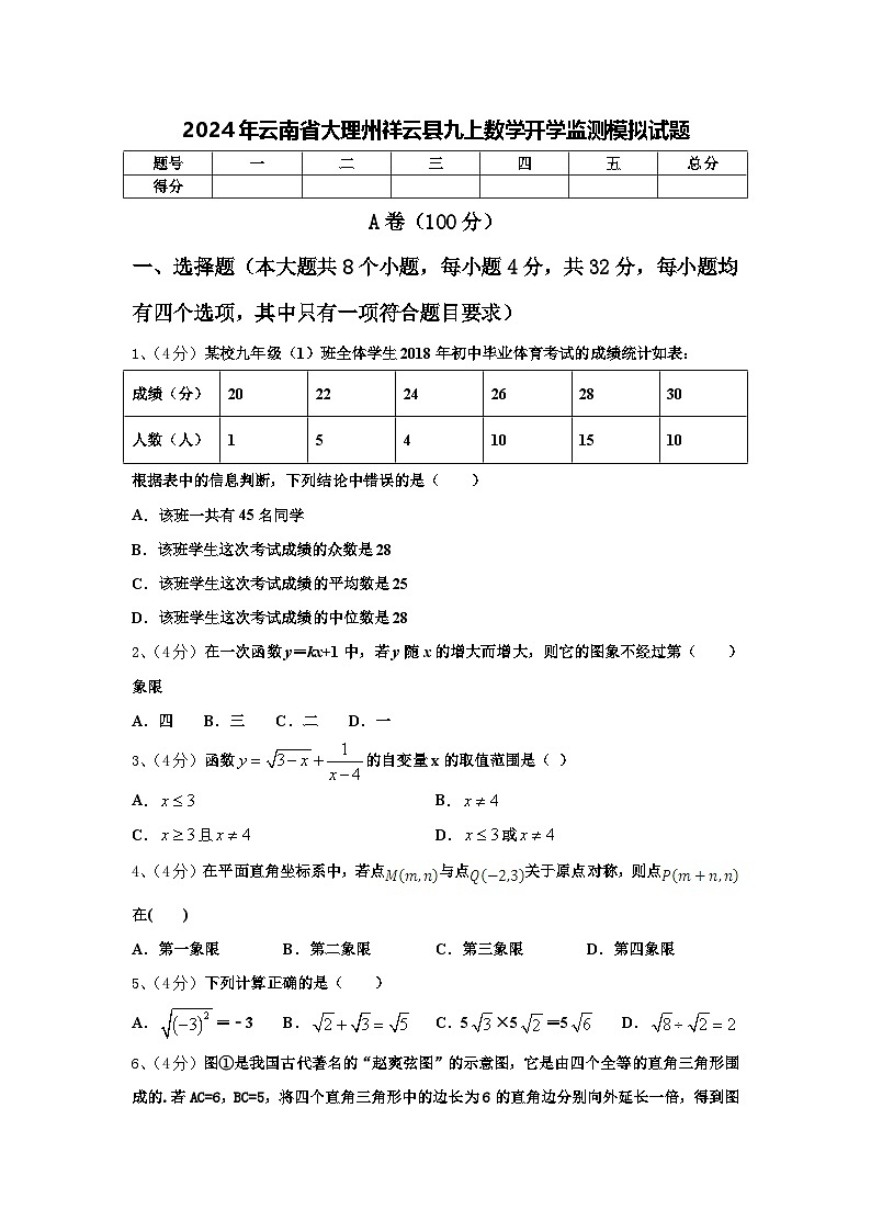 2024年云南省大理州祥云县九上数学开学监测模拟试题【含答案】第1页
